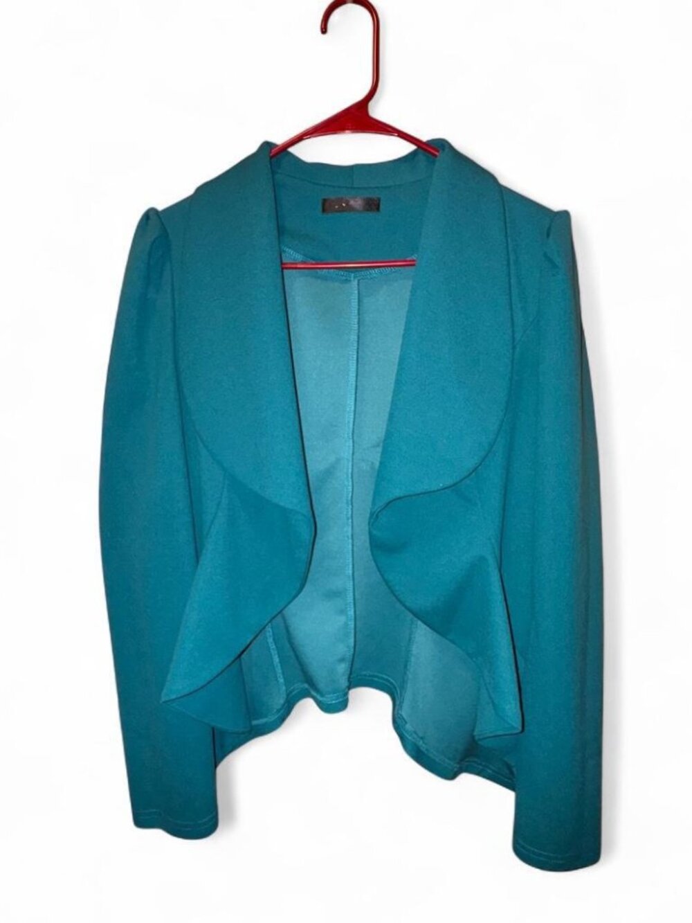 Lightweight Teal Elegant Ruffle Front Long Sleeve Jacket, Size Medium